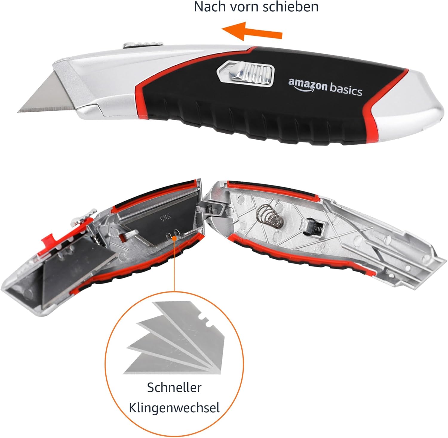 Detalle de Amazon Basics robustes, einziehbares Allzweckmesser mit automatischer Ladefunktion – 3 Positionen, 5 Klingen