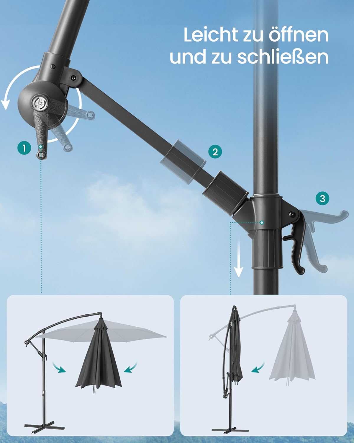 Thumbnail 5 de SONGMICS Ampelschirm 300 cm mit Ständer, UV-Schutz UPF 50+ und Kurbel (GPU116G01) – grau