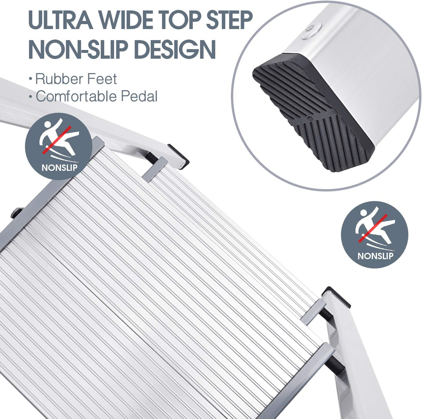 Detalle de KINGRACK Aluminium-Leiter mit 2 Stufen, klappbar inkl. Handlauf (bis 150 kg, silber)