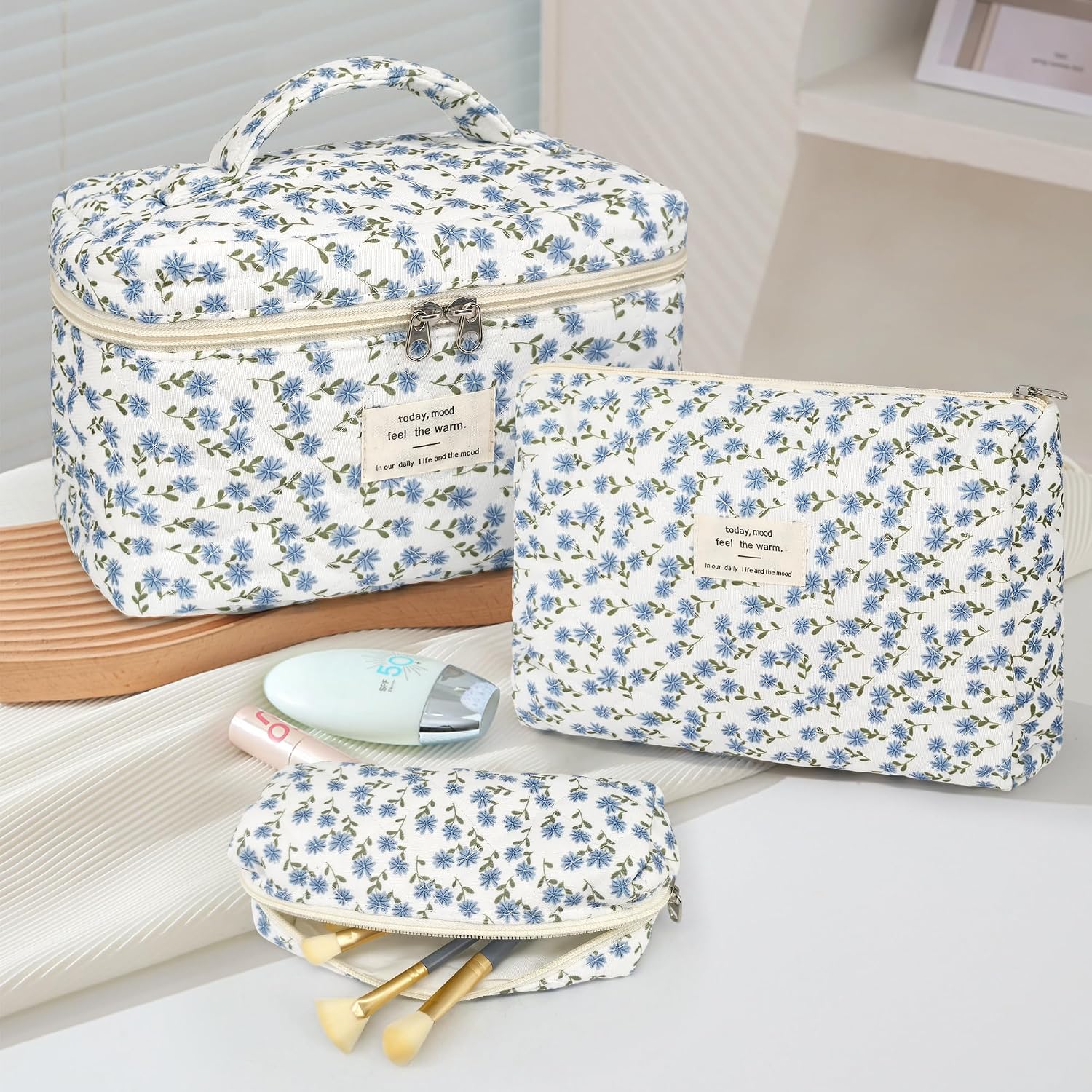 Thumbnail 5 de YMIFEEY 3er Kosmetiktasche-Set Blau Blumen – Klein, Mittel und Groß, robustes Baumwollmaterial, Reise-Beauty-Organiser
