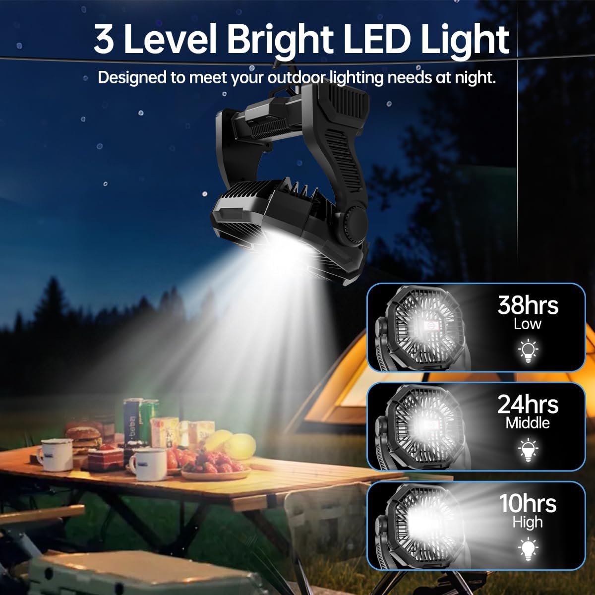 Thumbnail 2 de Eloslos Portable Rechargeable Camping Fan with LED Lantern (10-Inch, 270° Rotation)