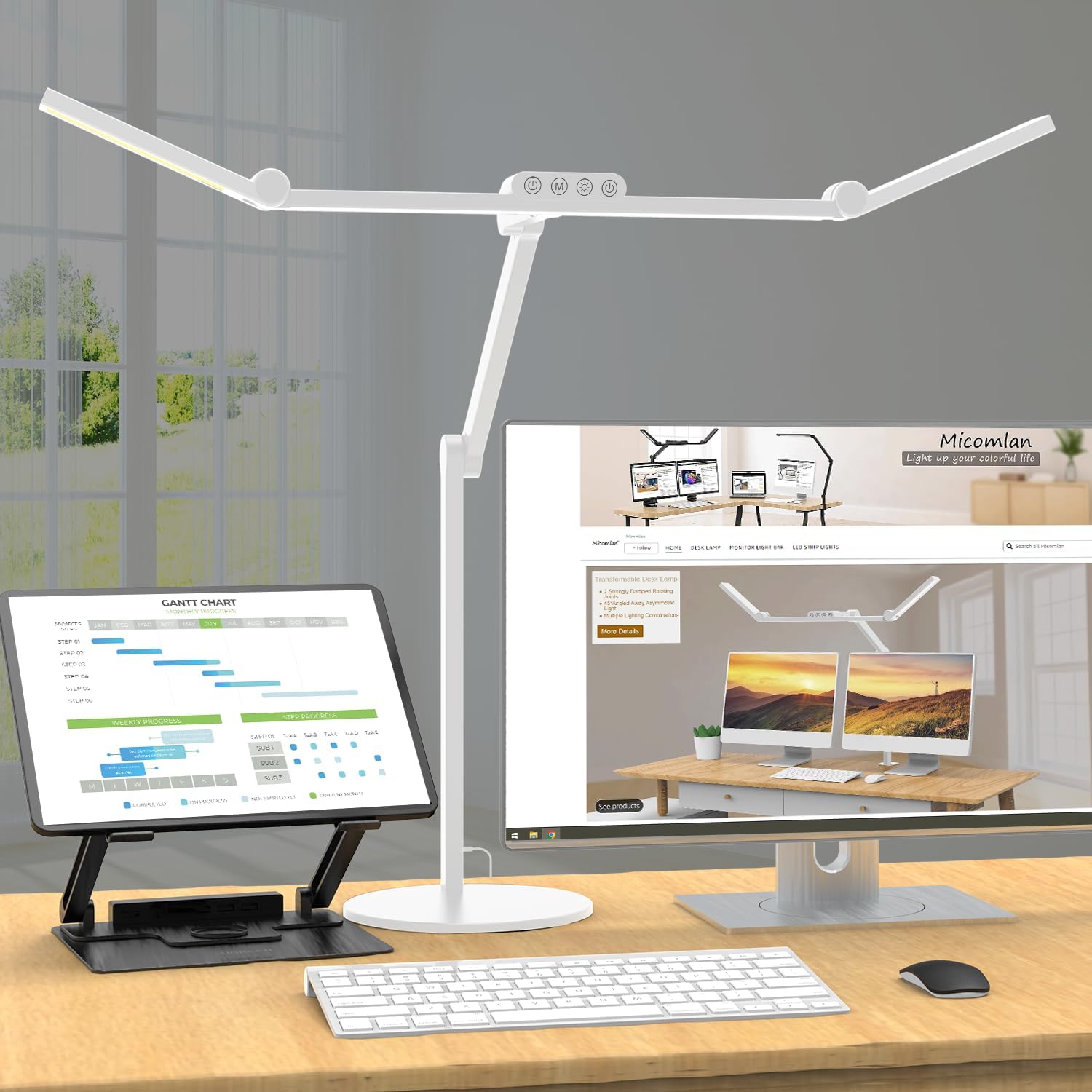 Detalle de Micomlan FDDL09 24W LED Desk Lamp with 3 Light Bars and Auto-Dimming