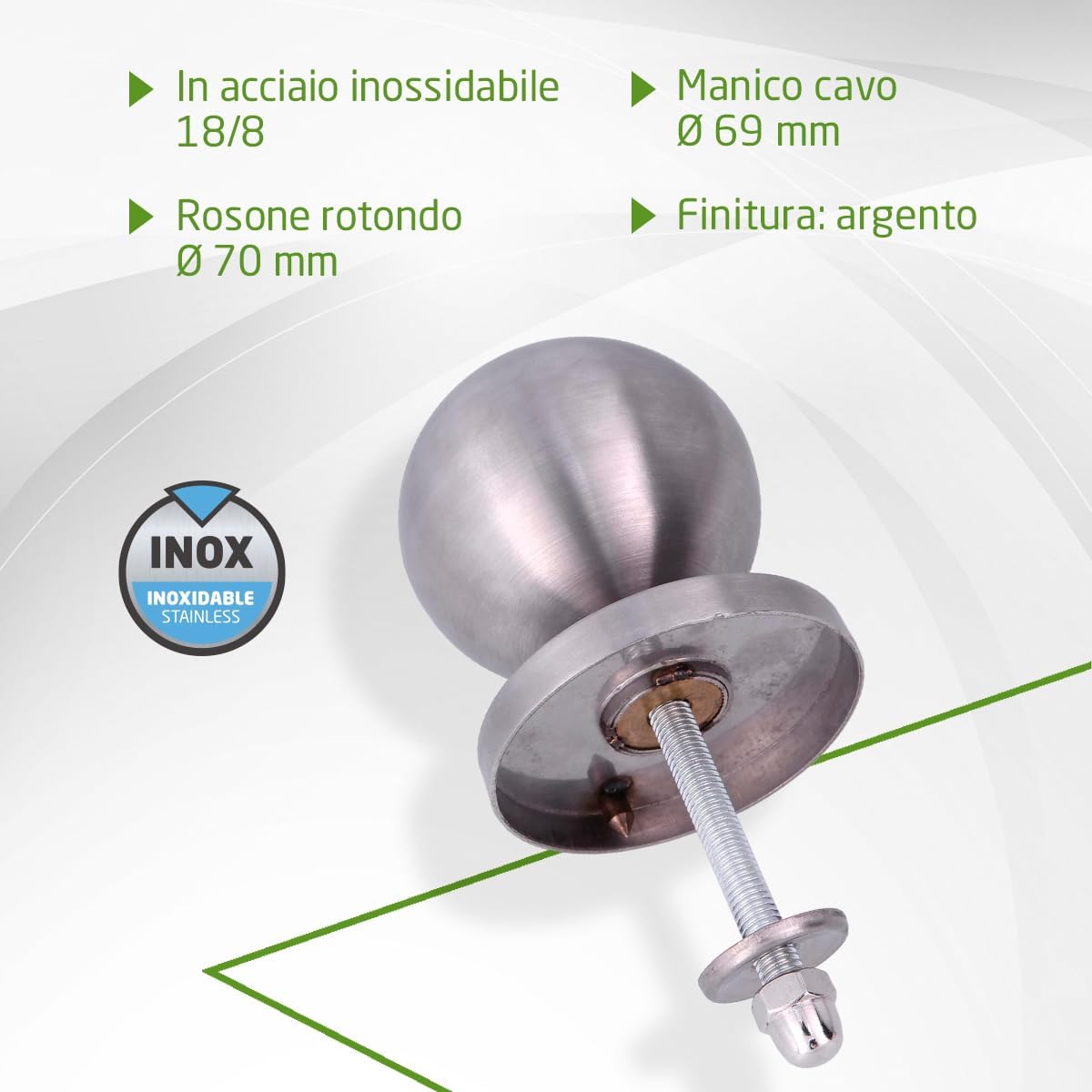 Detalle de Amig Pomello per porta in acciaio inox Ø70 mm – finitura argento, resistente a abrasione, ruggine e corrosione