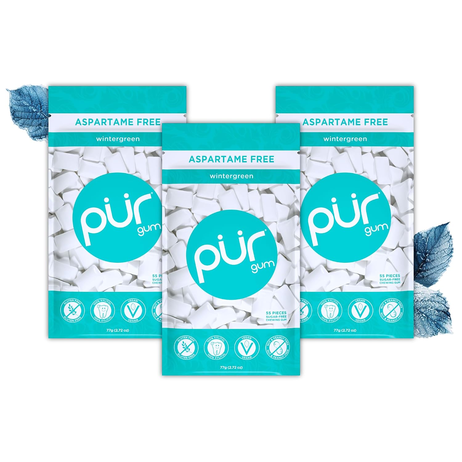 Detalle de PUR Gum Zuckerfreier Kaugummi mit Xylit – Wintergreen, 3er Pack (55 Stück) – vegan, glutenfrei, aspartamfrei