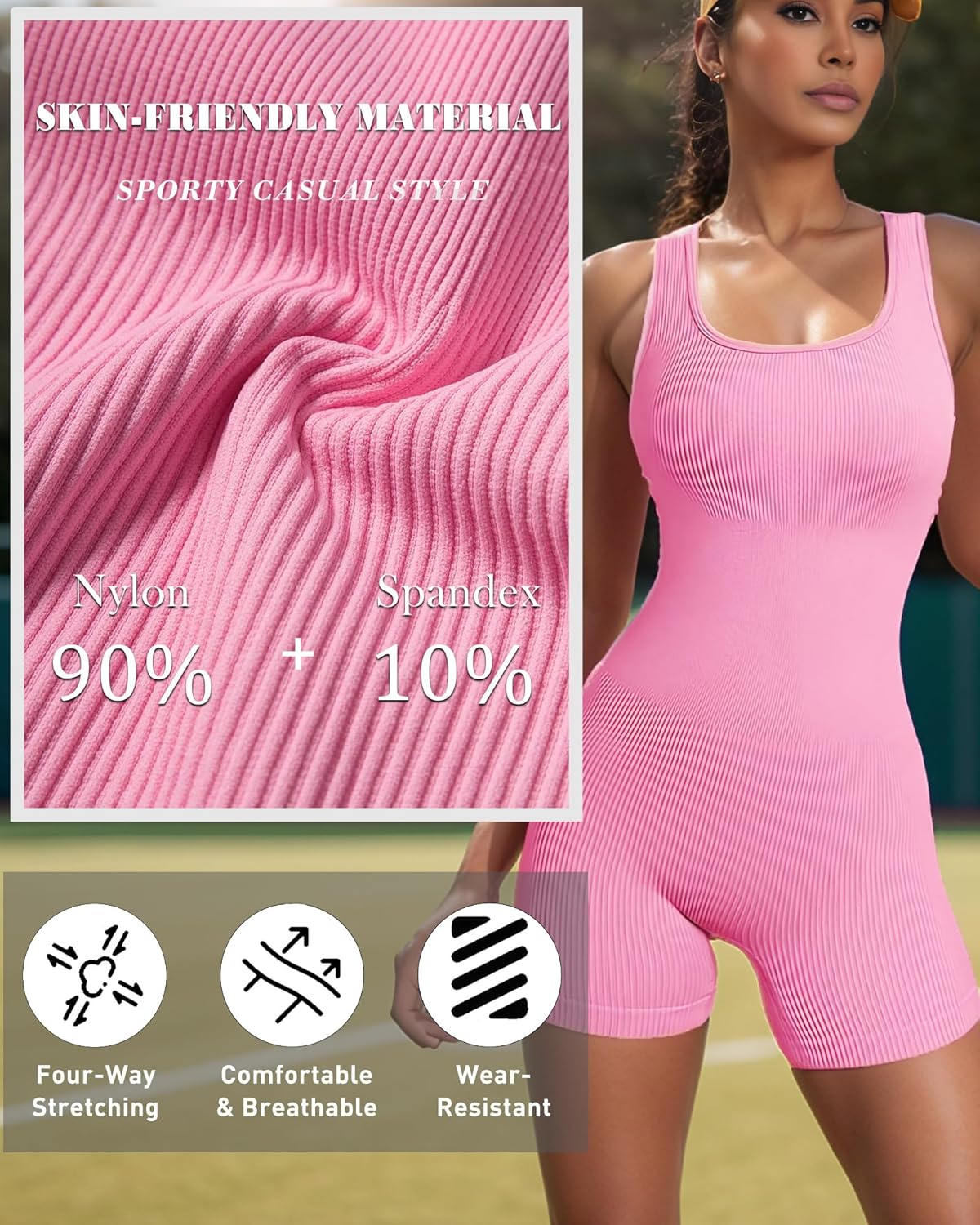 Thumbnail 3 de Merlvida Sport Jumpsuit für Damen – kurzer, figurbetonter nahtloser Overall mit abnehmbaren Brustpolstern
