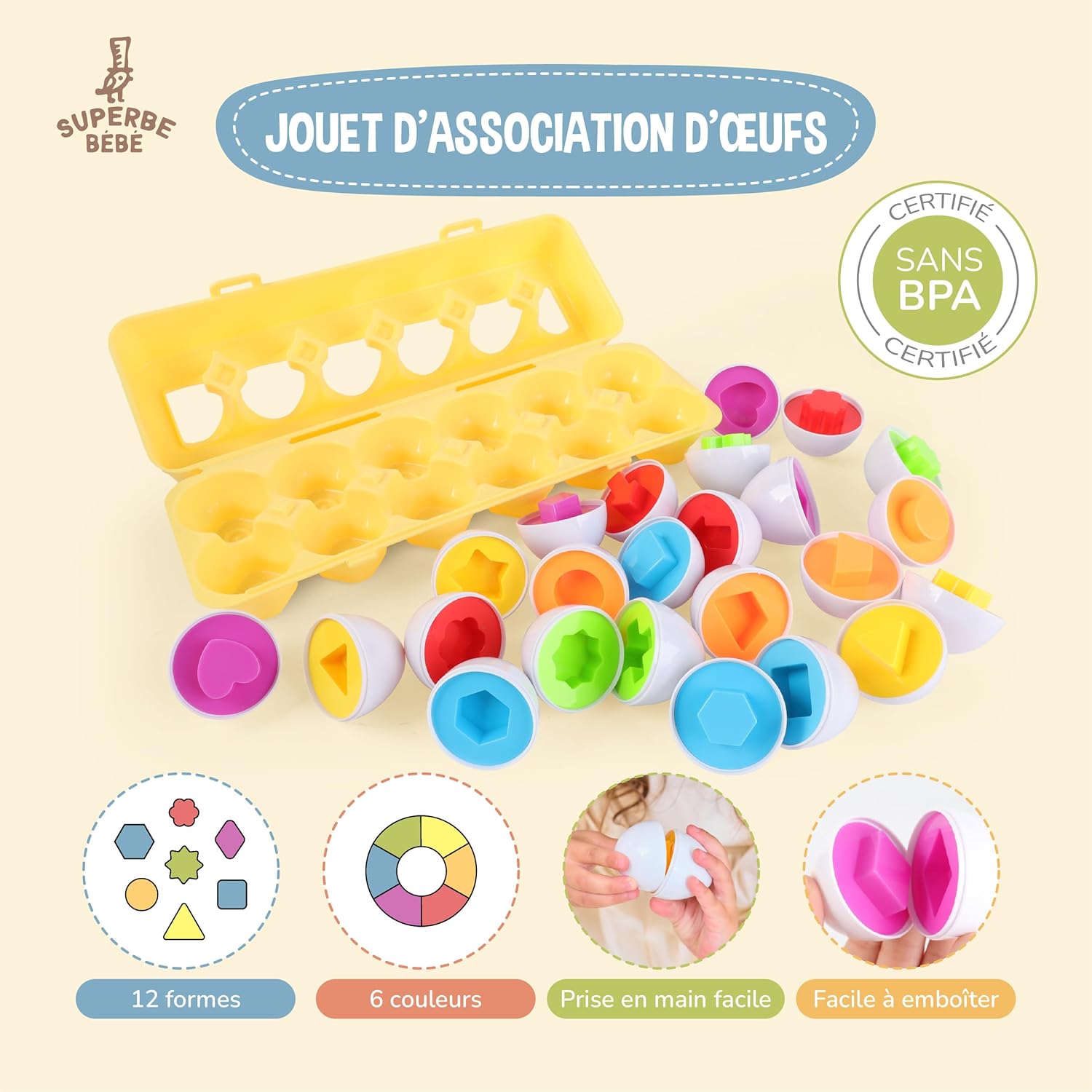 Thumbnail 1 de Jeu Montessori Bébé et Enfant – Œufs assortis en plastique à apparier selon formes et couleurs