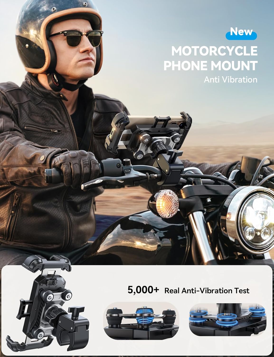 Detalle de JOYROOM Motorcycle Phone Mount Holder with Dual Vibration Dampener (150 mph) and Metal Handlebar Clamp