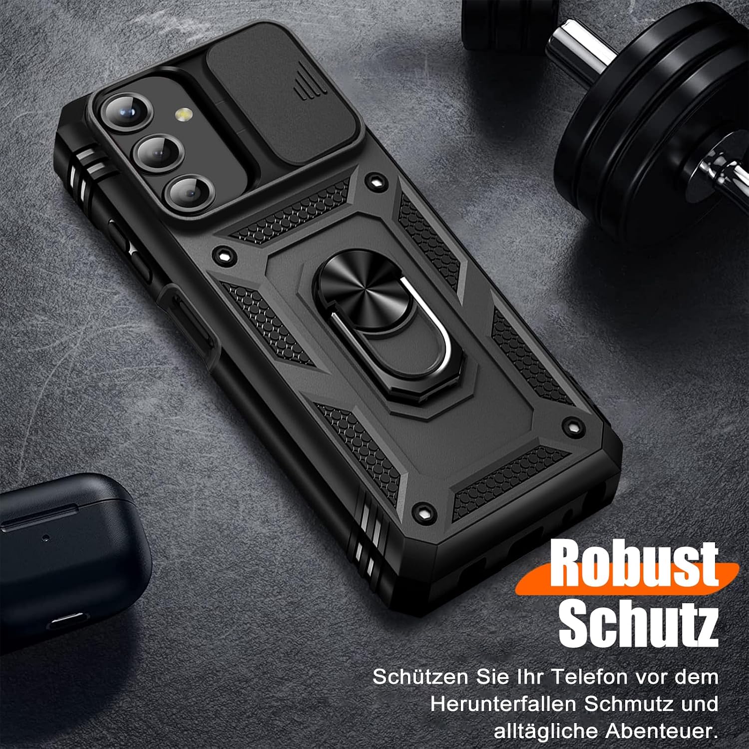 Detalle 2 de Giyer Panzerhülle für Samsung Galaxy A16 5G inkl. Schutzfolie, Kameraschutz und 360° Metall-Ring-Ständer (Schwarz)