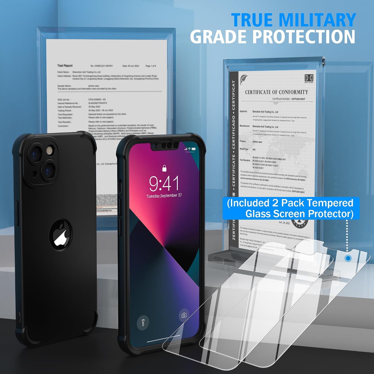 Detalle de ORETECH iPhone 13 Case (6.1-inch) with 2-Pack Tempered Glass, Camera Lens Guard & 360° Shockproof Slim Rubber Bumper – Black