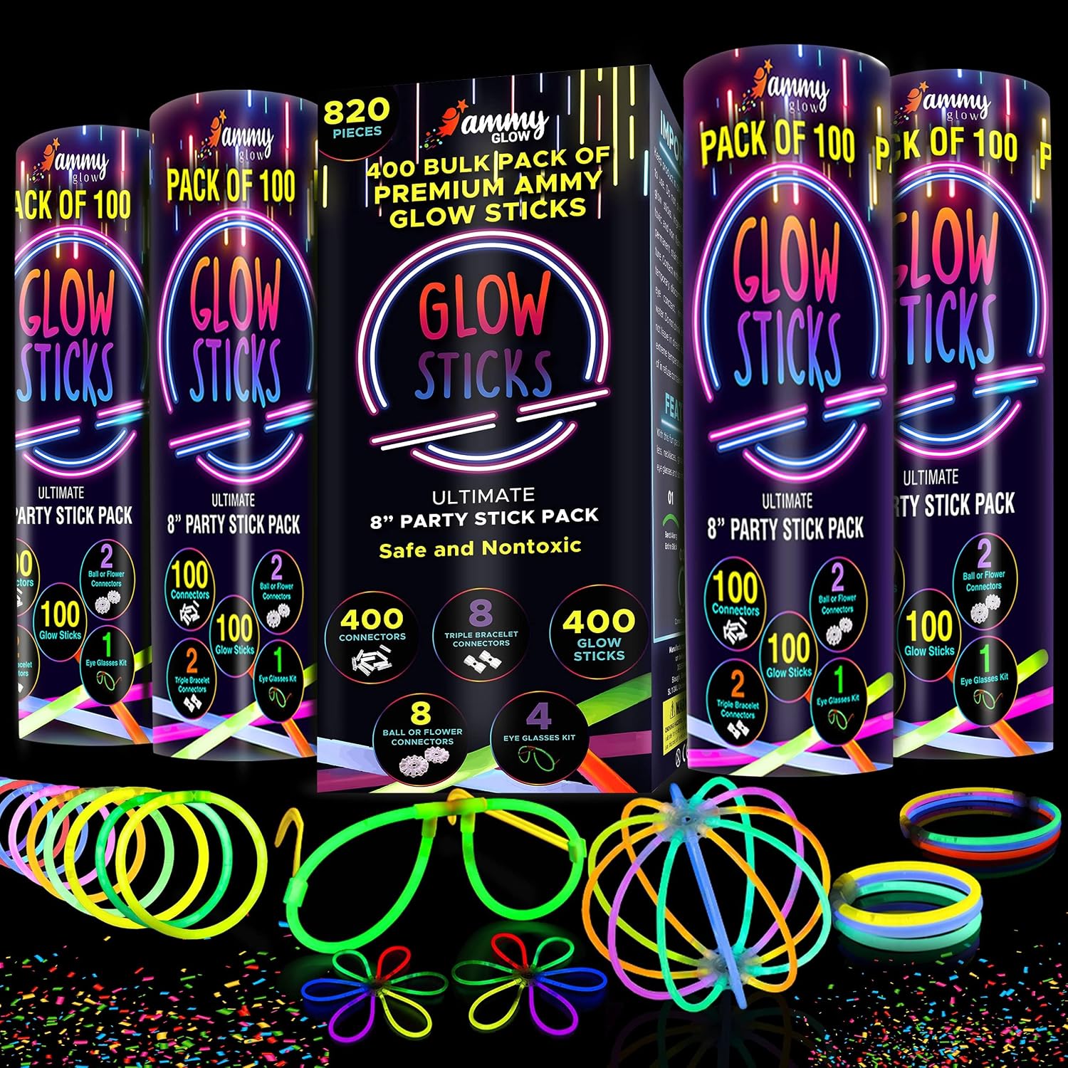 Detalle de Ammy Glow Glow Sticks (205 Pcs Kit) Bulk Party Pack with Connectors & Glasses