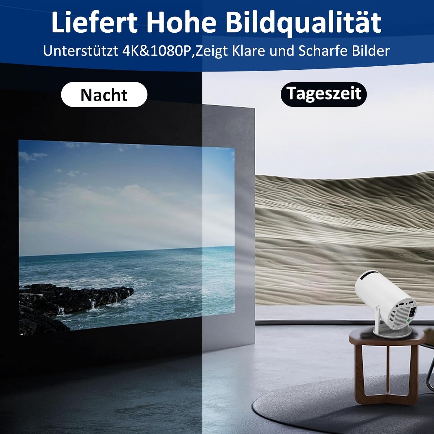 Detalle 2 de Mini Beamer 4K mit Android 11 – tragbarer Projektor für Handy, PC & TV Stick