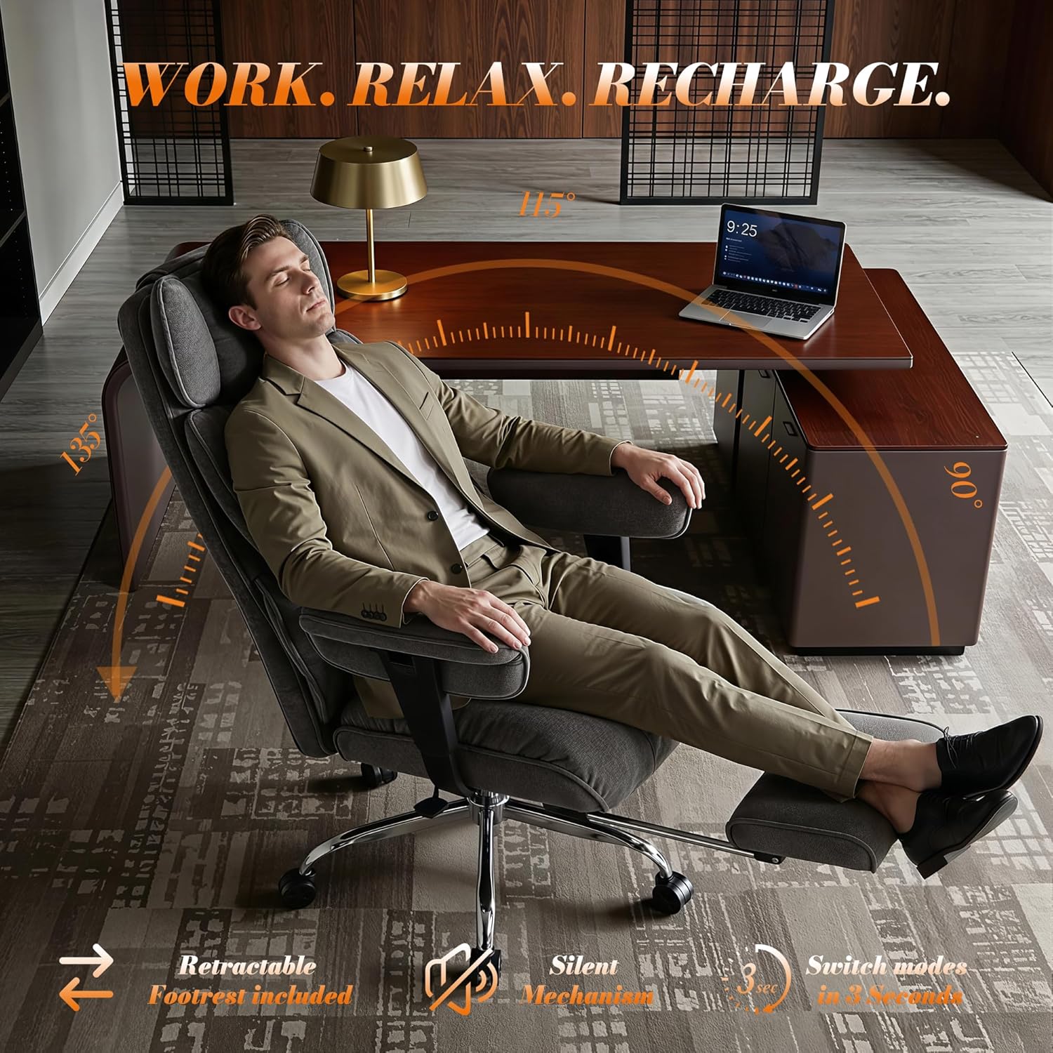 Thumbnail 2 de Efomao Big and Tall Fabric Executive Office Chair with Footrest – breathable reclining ergonomic desk chair