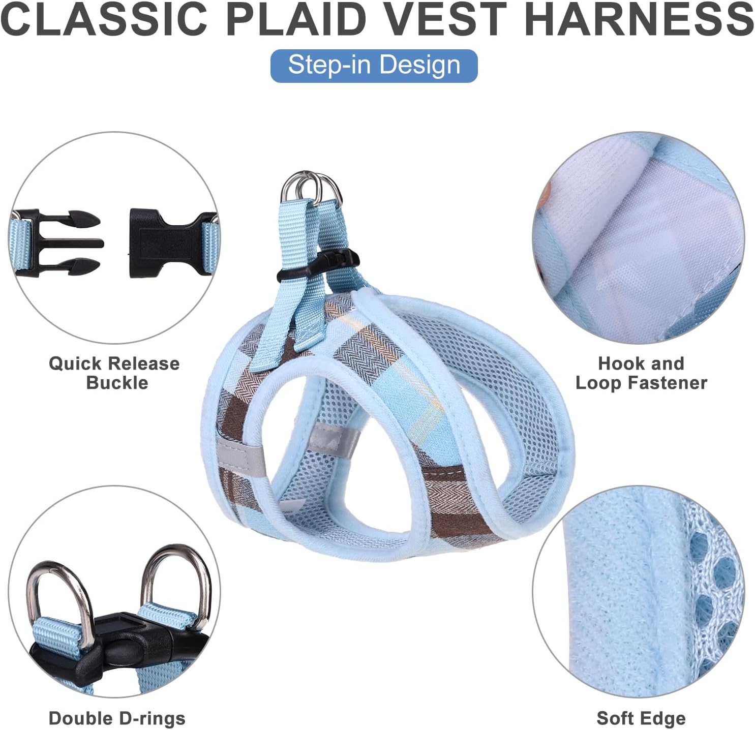 Detalle de EXPAWLORER Classic Plaid Small Dog Harness – Vest, Lead, Collar & AirTag Holder