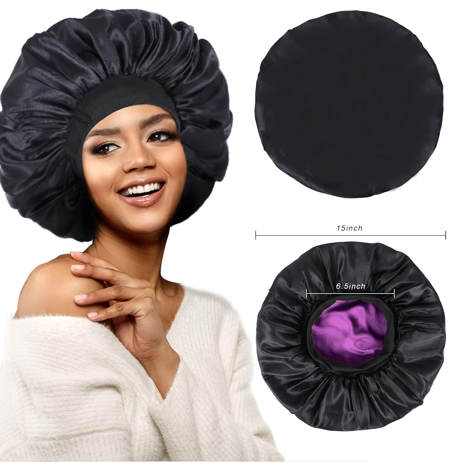 Detalle 2 de XRACEPHOL Double-Layer Satin Sleep Bonnet, Adjustable and Reversible, Black and Purple