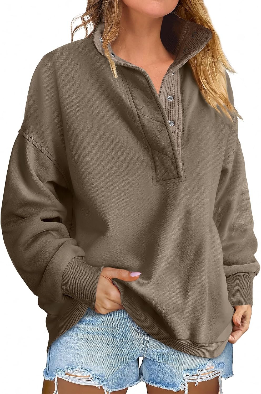 Thumbnail 6 de ANRABESS Women's Long Sleeve Henley Oversized Sweatshirt
