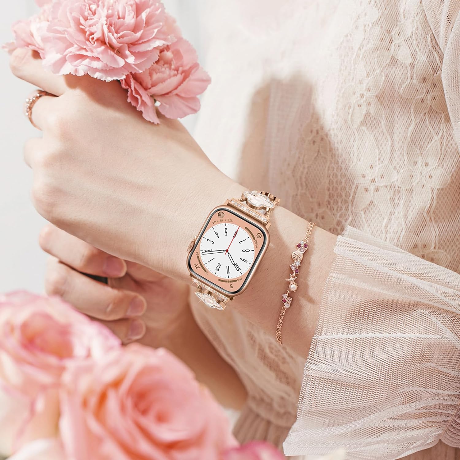 Detalle de Tasikar Bling Diamond Women Straps for Apple Watch (Rose Gold) – Lucky Clover Dressy Replacement Bracelet