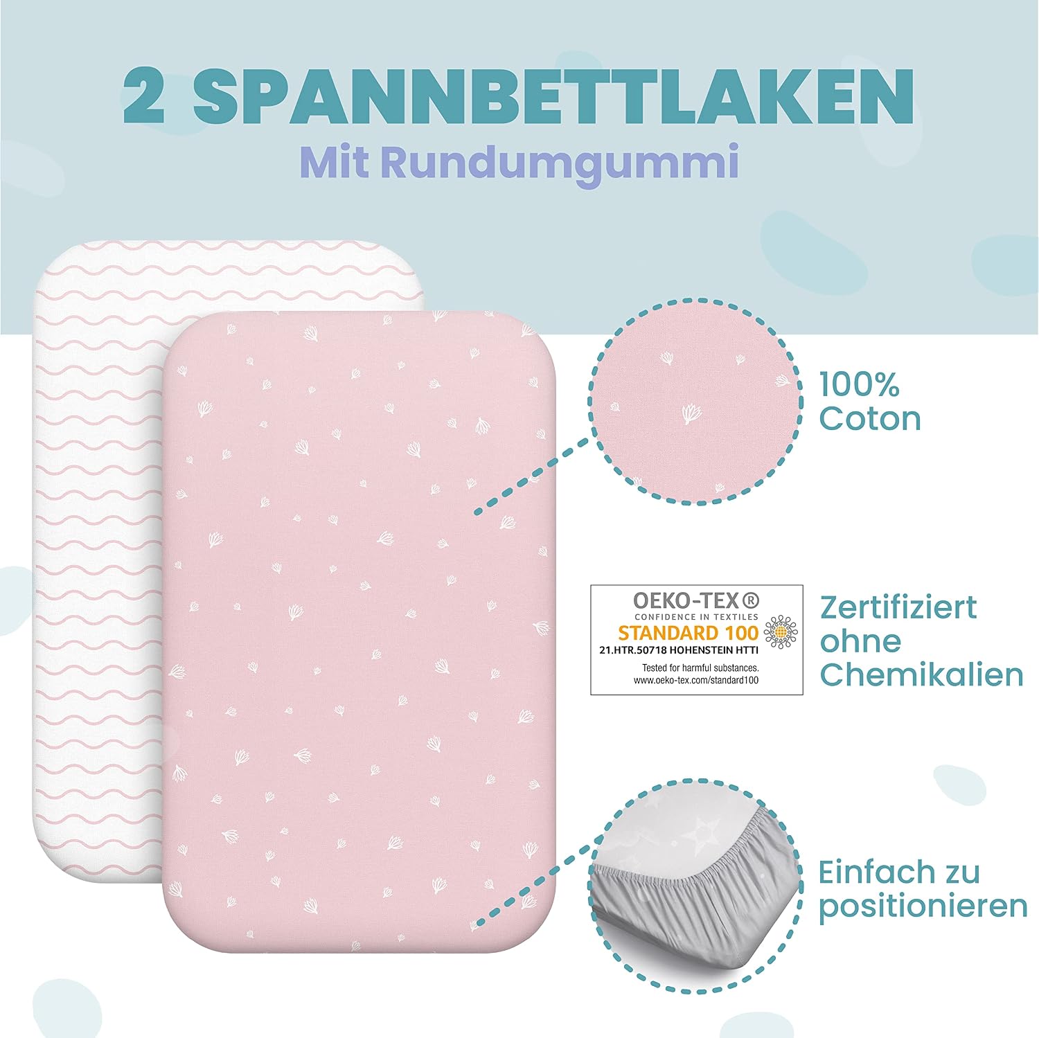Thumbnail 4 de 2x Spannbettlaken 55x90 Rosa – 100% Baumwolle