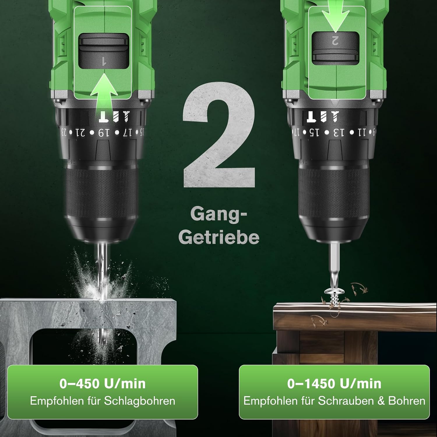 Detalle de Ginour 21V Bürstenloser Akku-Schlagbohrschrauber-Set (50 Nm) mit 2×2Ah Akkus, 10-mm-Schnellspannfutter, 47-teiligem Zubehör & Koffer