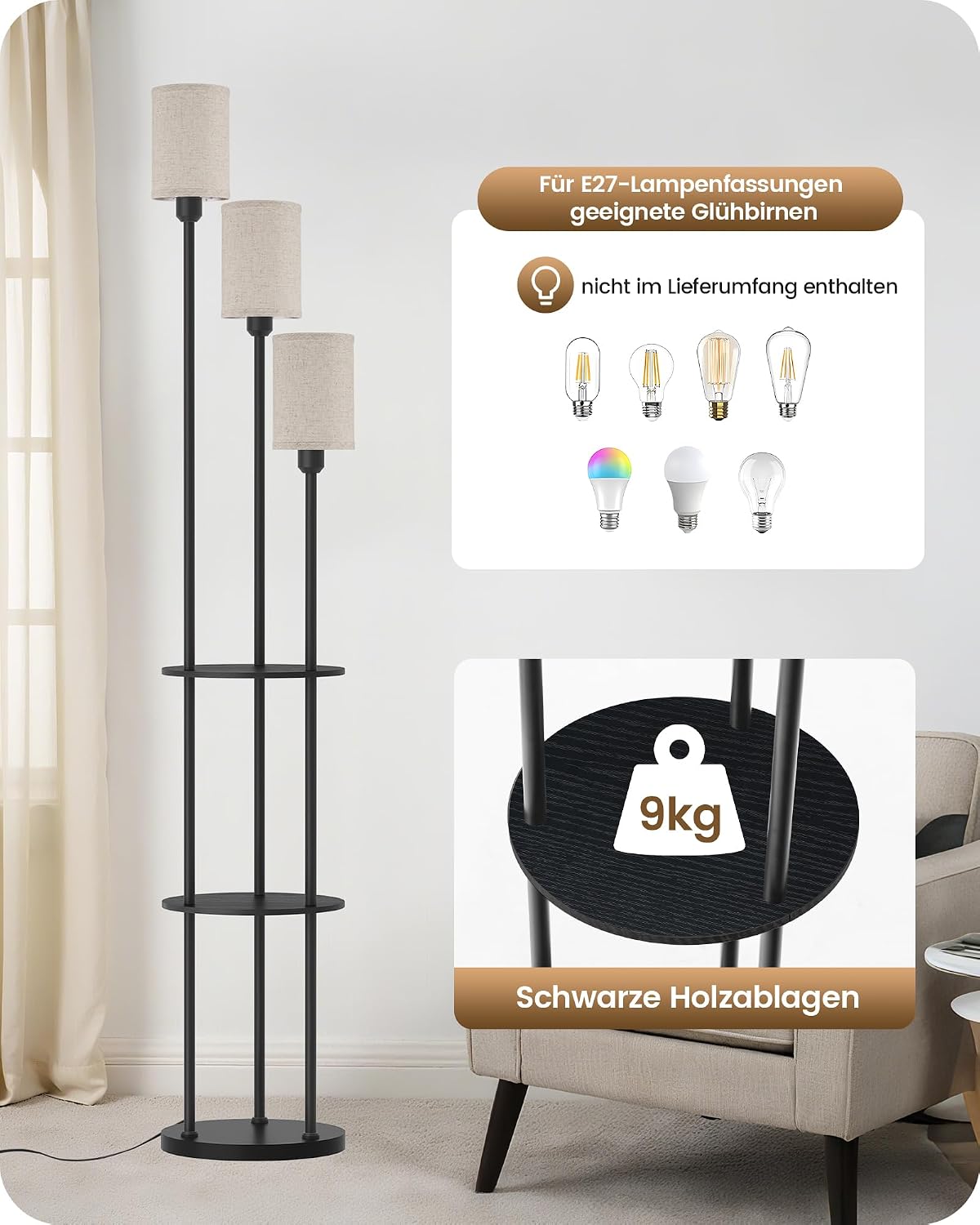 Detalle de GOEBLESON Stehlampe Wohnzimmer mit Ablage – 3‑flammige Regal-Stehlampe ZE53LDD05, retro schwarz/beige