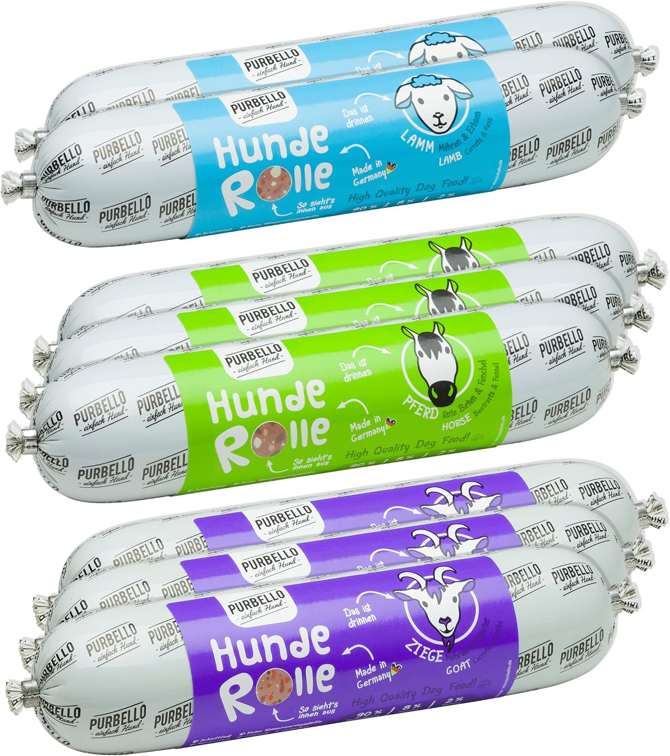 Detalle de PURBELLO rolki mięsne dla psa, 8 × 400 g, koń, koza i jagnięcina
