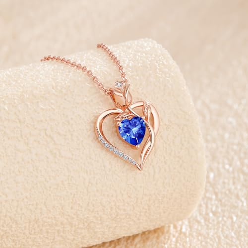 Detalle de JACUPO Collar Corazón Rosa 1,2 Quilates Zafiro de Laboratorio Azul Real en Plata 925 bañada en oro rosa