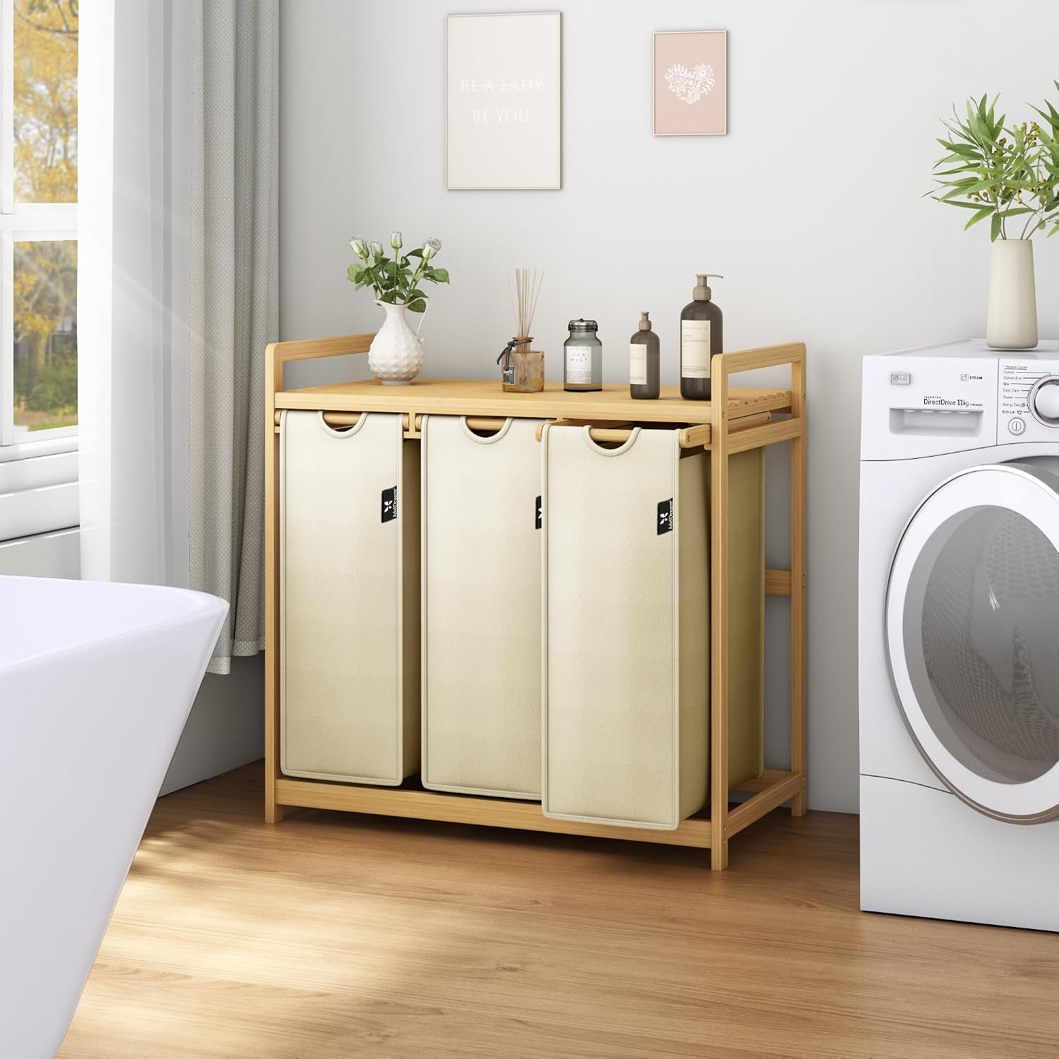 Thumbnail 5 de ADEL DREAM AdelDream Wäschekorb 150 l mit 3 Fächern, ausziehbaren und abnehmbaren Wäschesäcken, Bambusrahmen (beige)