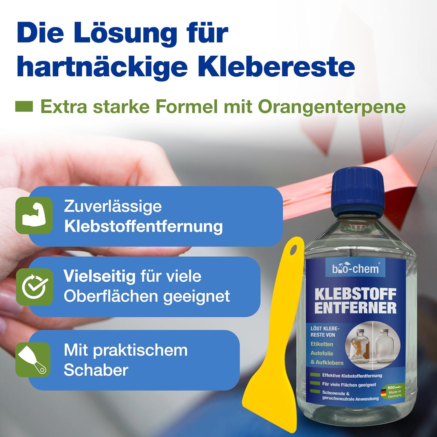 Detalle 2 de bio-chem Klebstoffentferner Etikettenlöser mit Orangenterpenen – 500 ml