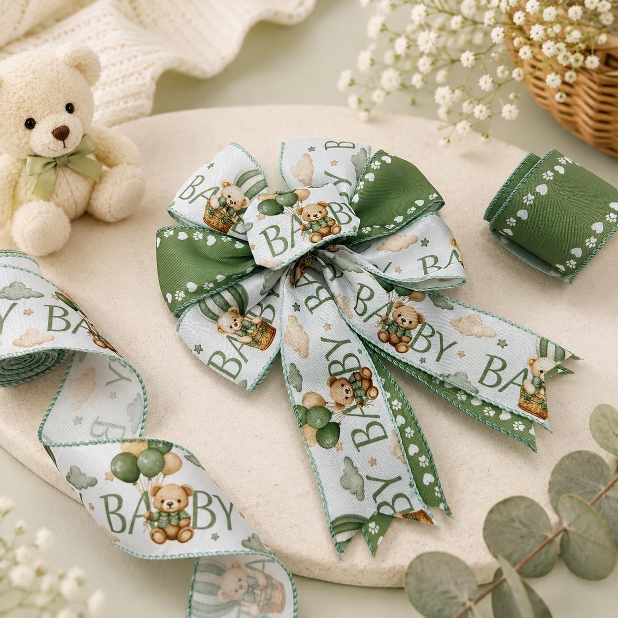 Thumbnail 5 de Wired Ribbon, Sage Green Bear Print