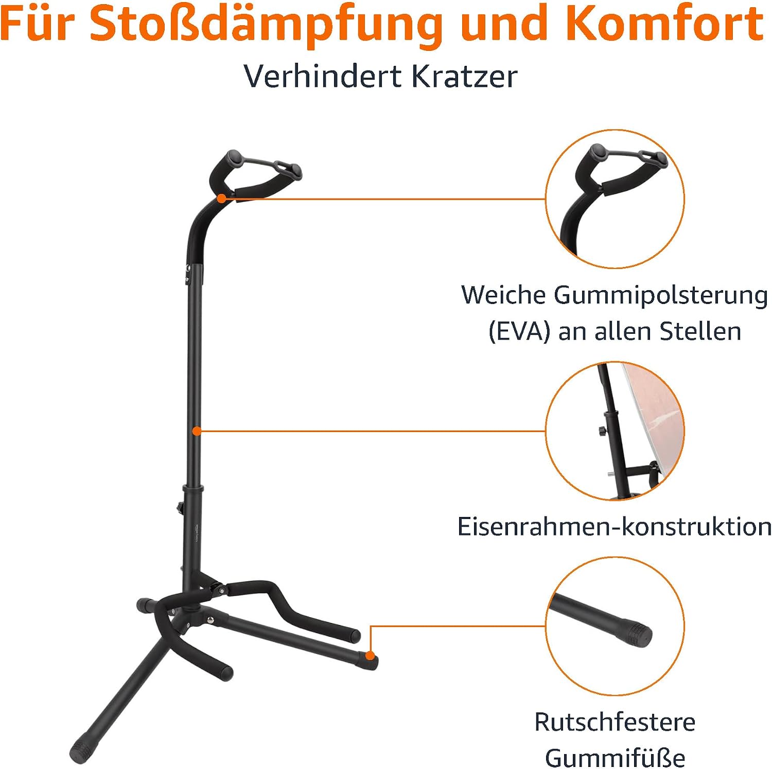 Detalle de Amazon Basics verstellbarer klappbarer Gitarrenständer mit Hals-Halterung für Akustik, E‑Gitarre, Bass, Banjo & 26‑Zoll‑Ukulele