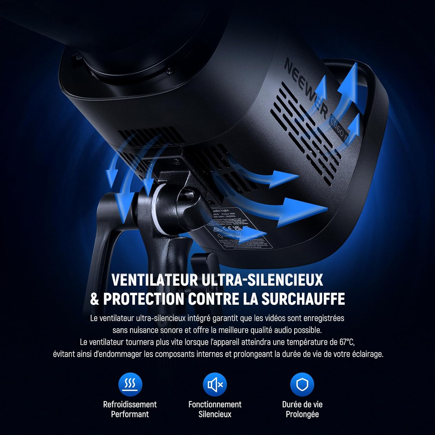 Detalle de NEEWER CB60B 70W COB Video Light – éclairage bi-colore 2700K-6500K avec contrôle 2.4G et compatibilité Bowens
