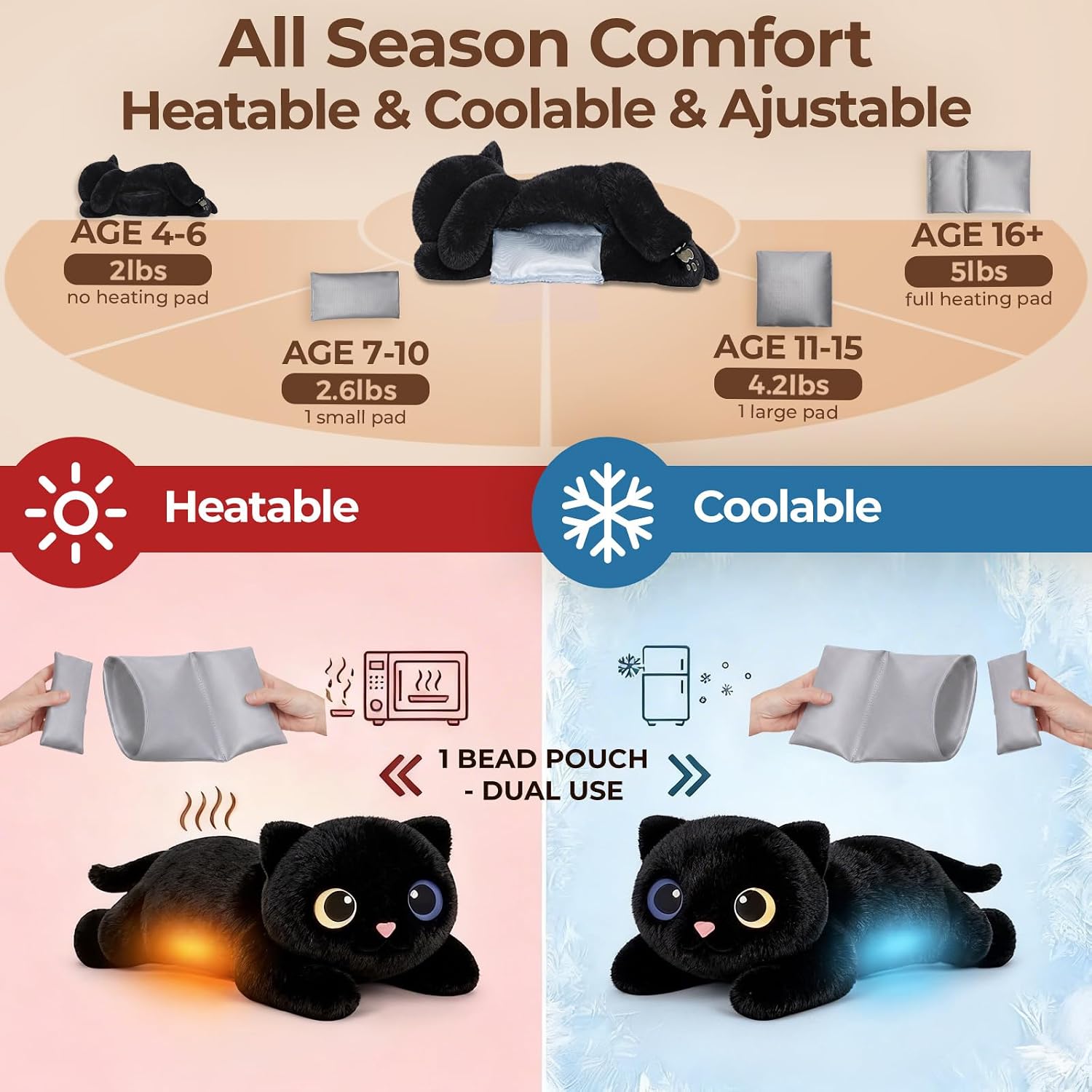 Detalle de Mewaii 23-Inch Weighted Cat Plush: Adjustable 5 lbs with Heated & Coolable Inner Pad