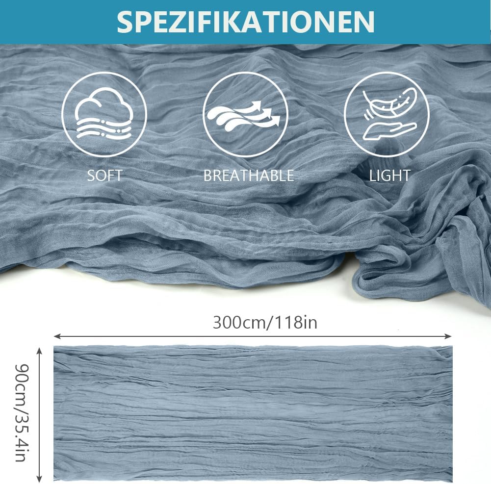 Detalle de AUAUY gasvävsbordslöpare, 2-pack i gråblå polyester, 90 × 300 cm