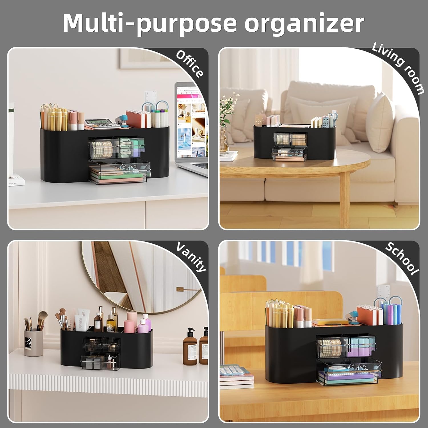 Thumbnail 4 de Marbrasse Schreibtisch Organizer mit 3 Schubladen und 7 Fächern – Vielseitiger Stiftehalter aus PS, Schwarz