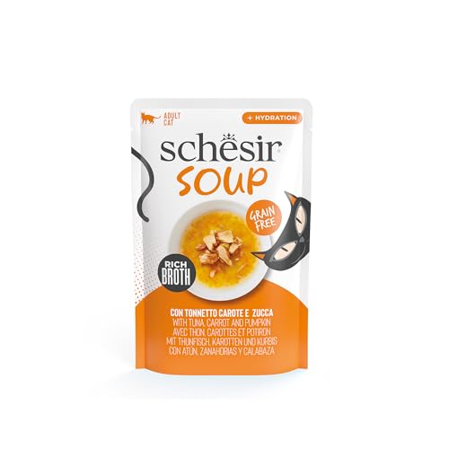 Detalle de Schesir Sopa con Filetes de Atún con Zanahorias y Calabaza para Gatos (12 x 40 g) – Receta Original, 100% Natural