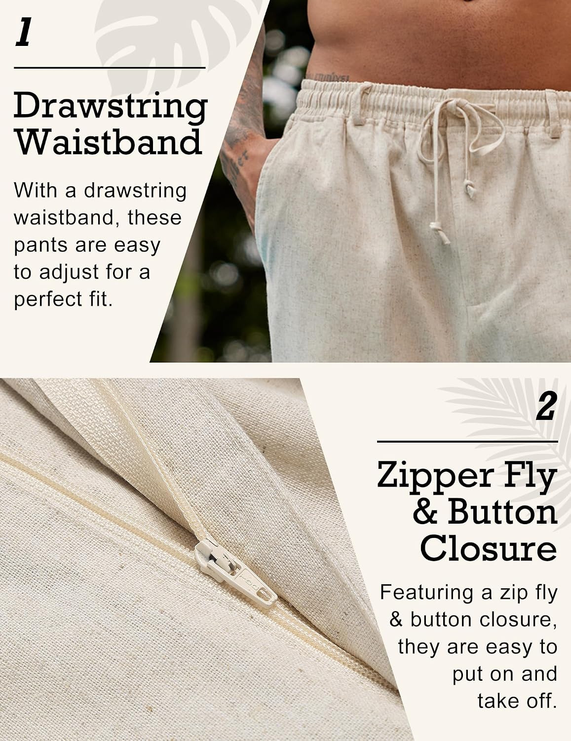 Detalle de COOFANDY Men’s Linen Pants with Elastic Waist & Drawstring (Casual Beach Summer Trousers)