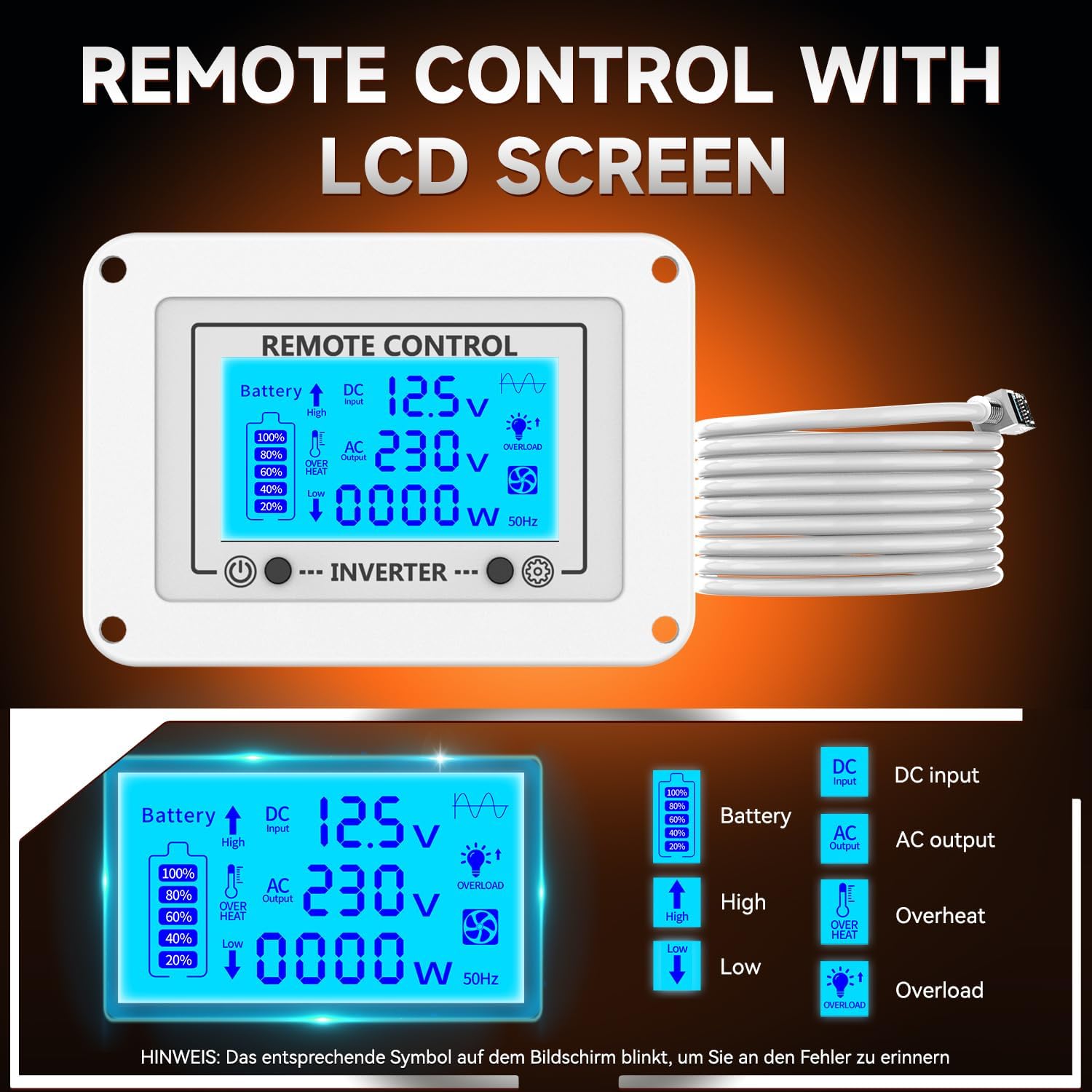 Detalle de 3500W Wechselrichter 12V auf 230V Reiner Sinus mit Fernbedienung, LCD, 2× EU-Steckdose, USB und Type-C