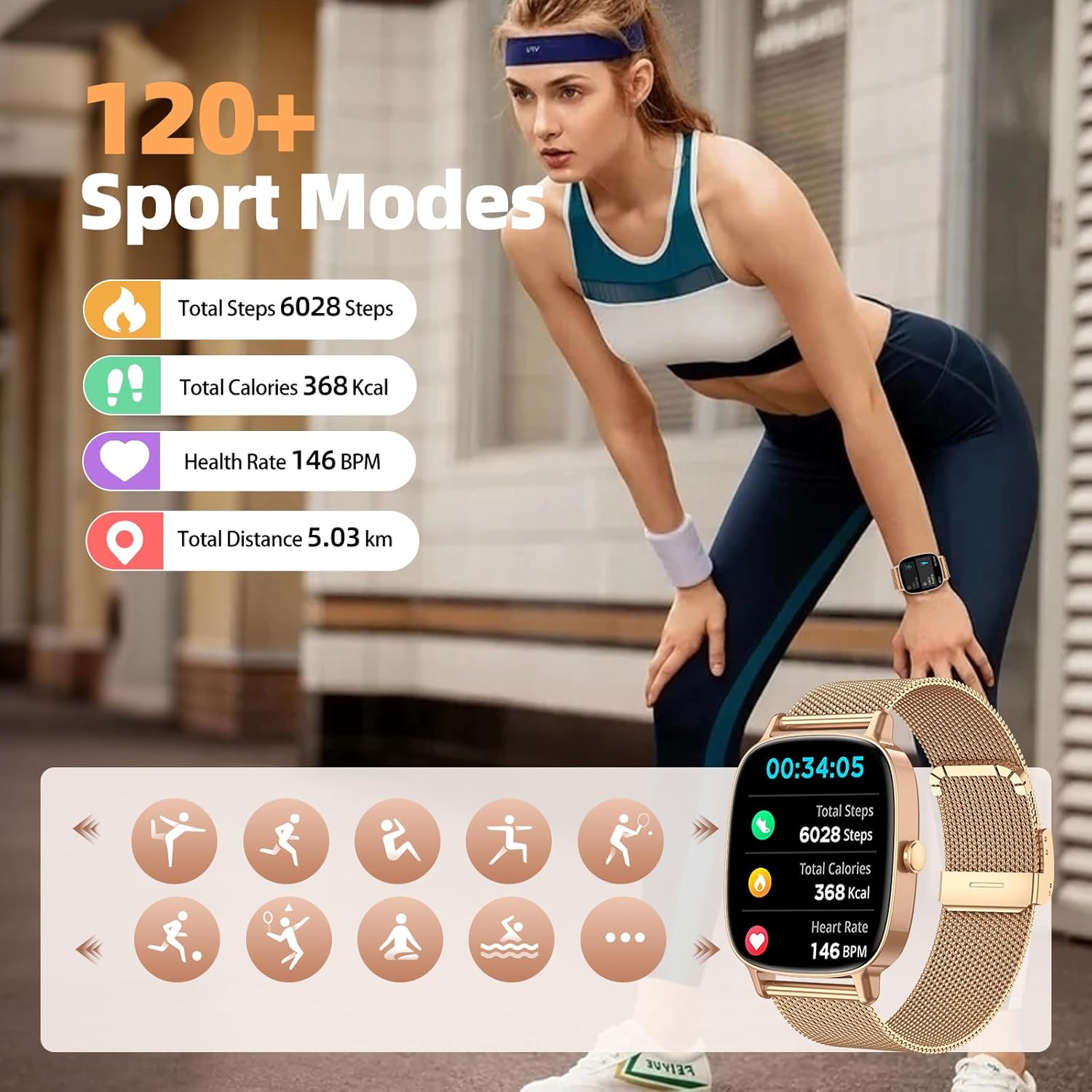 Thumbnail 2 de Gold women’s smartwatch with 1.85" HD touchscreen, call answering and IP68 water resistance