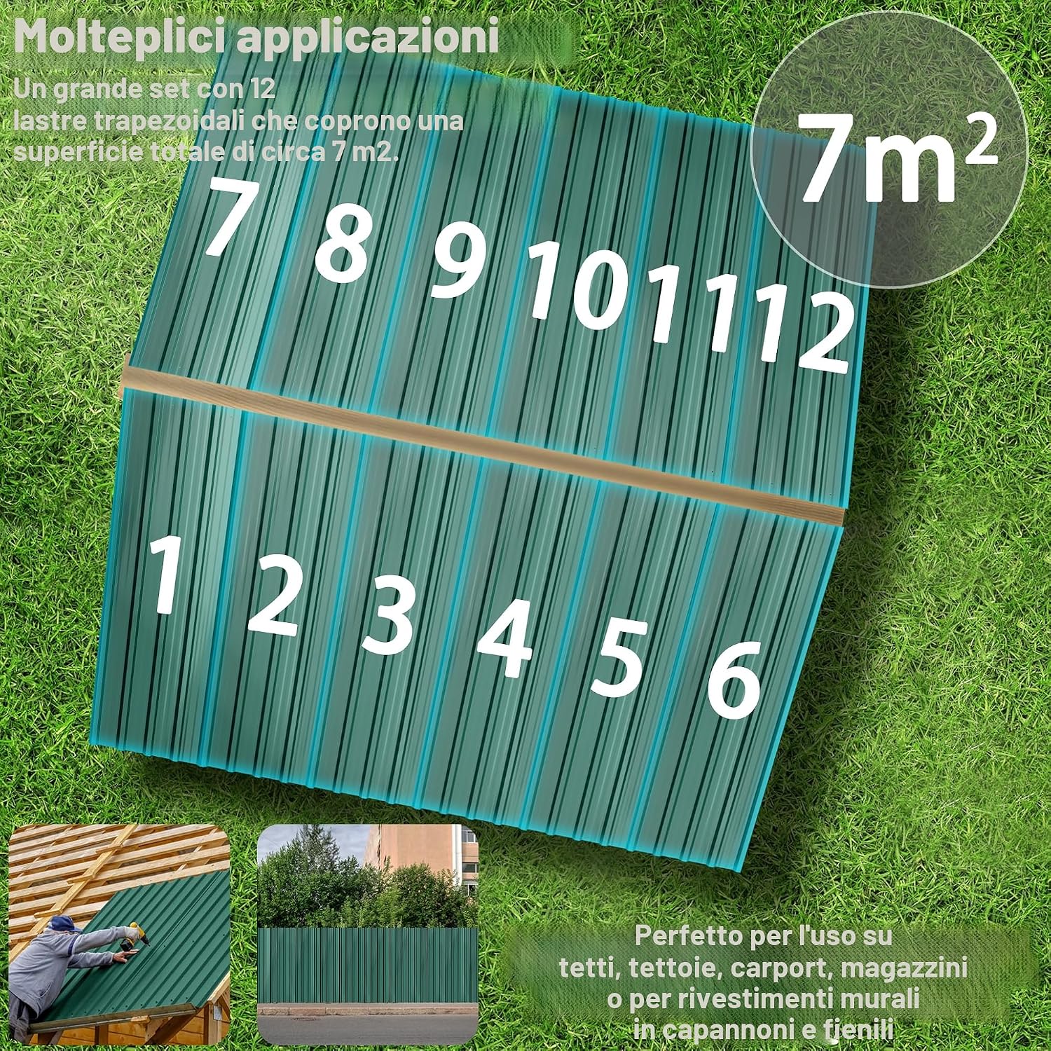 Thumbnail 6 de ACXIN 12 fogli profilati trapezoidali 129,5 x 45 cm (7 m²) – tettoia in acciaio zincato, verde, con viti e guanti
