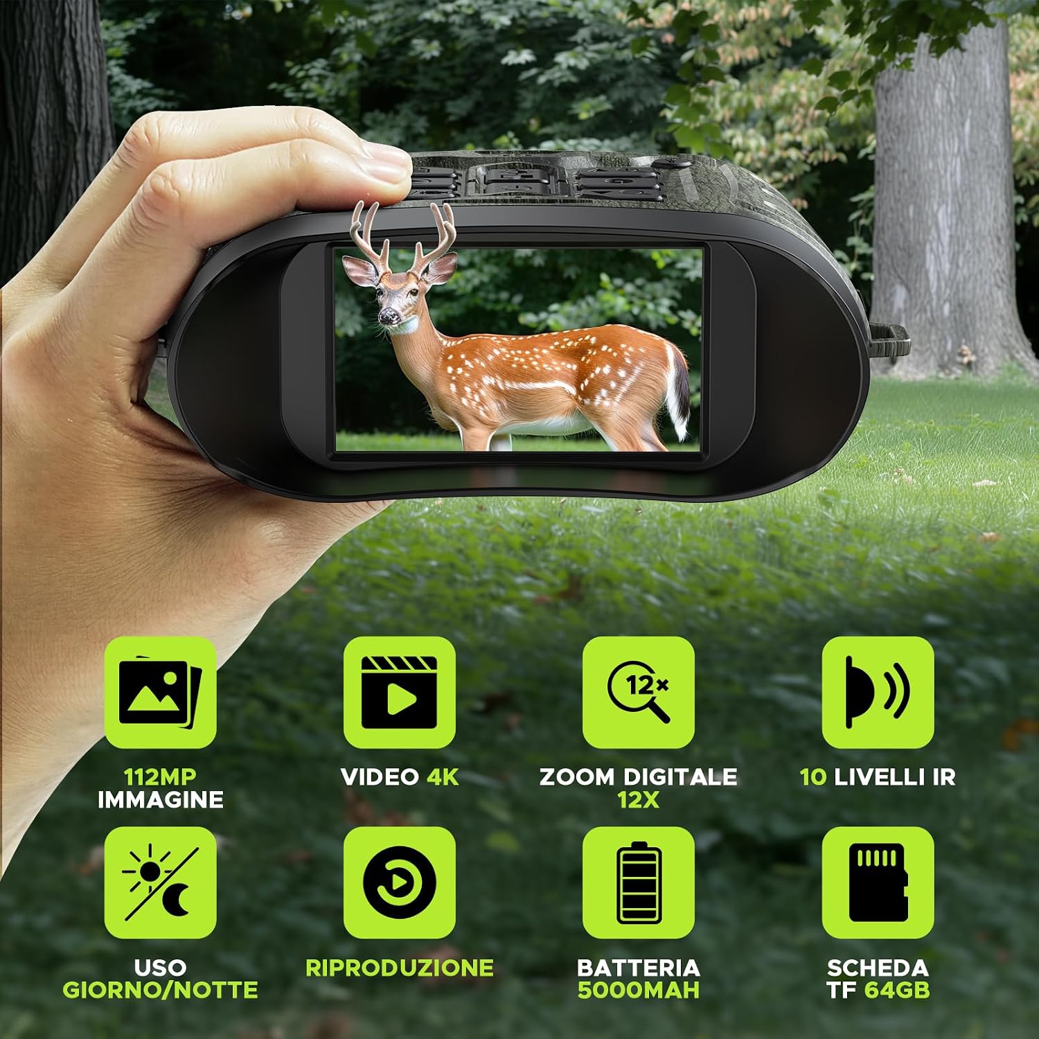 Detalle de HOTPEAK Binocolo Visione Notturna 112 MP 4K con Zoom 12X e batteria 5000mAh – 64GB inclusa