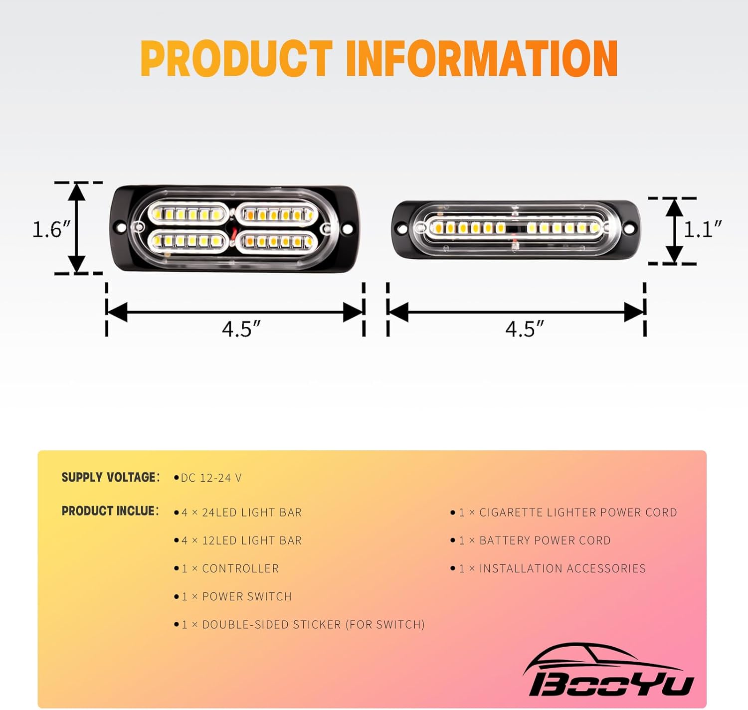 Detalle 2 de BooYu 8-pcs Sync Feature LED Emergency Strobe Lights Bar w/ Controller (Amber/White)