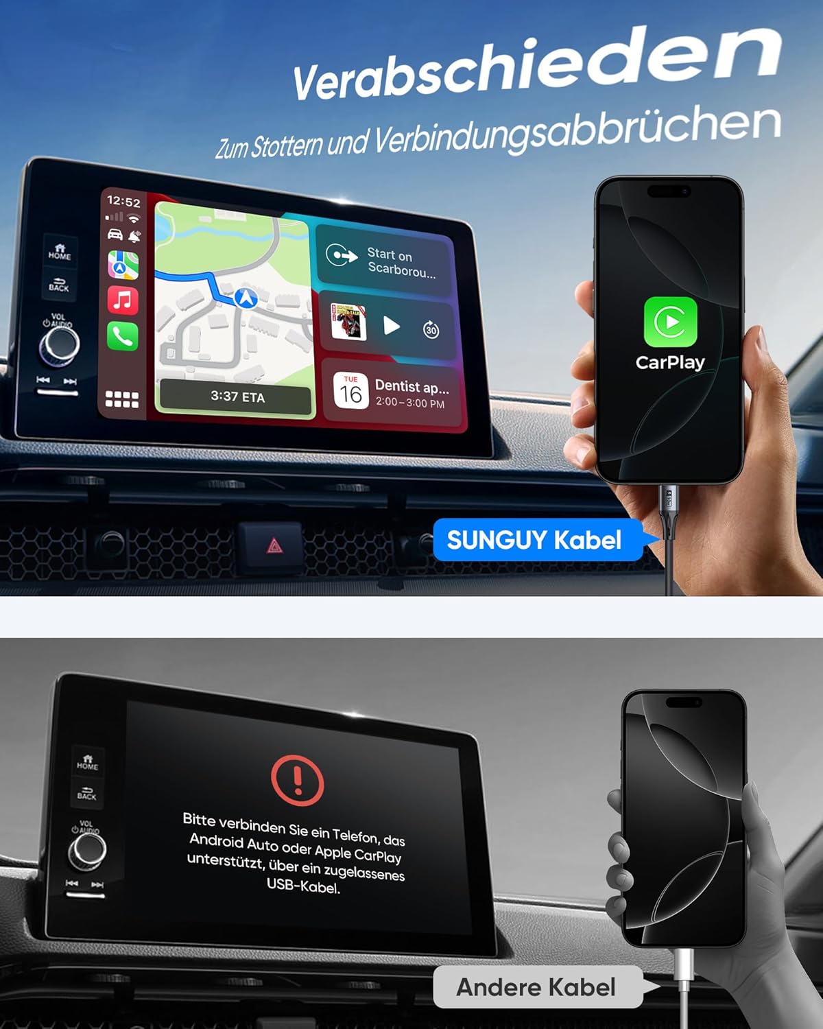 Thumbnail 1 de SUNGUY USB-C Spiralkabel (1,8 m, dehnbar 0,5–1,2 m) für Android Auto & CarPlay