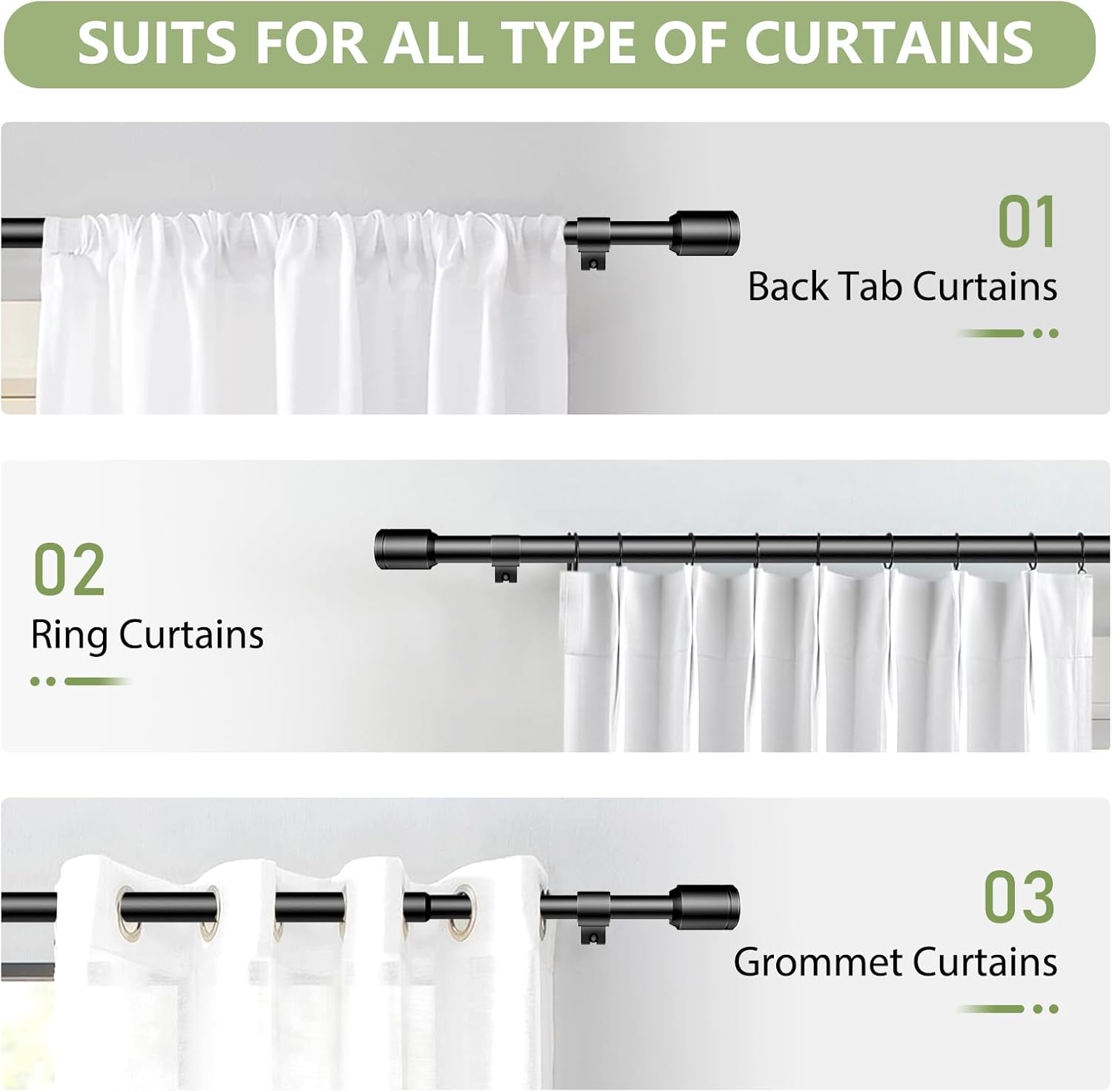 Thumbnail 6 de 5/8 Inch Adjustable Curtain Rods (2 Pack) – 30-90 Inches, Black