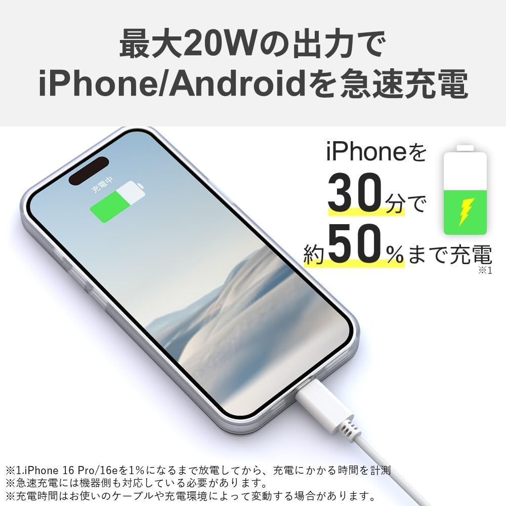 Detalle de バッファロー BSACPD2005C1WH USB-C充電器 20W・GaN採用・折りたたみ式プラグ