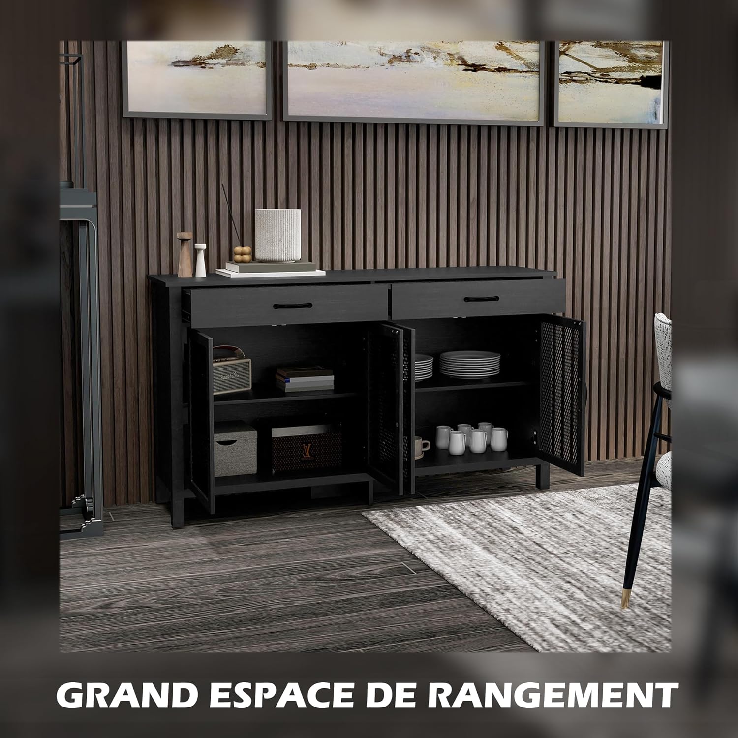 Detalle 2 de HOMCOM Buffet Bas 4 Portes – Style Industriel, Noir, 150 x 40 x 85 cm