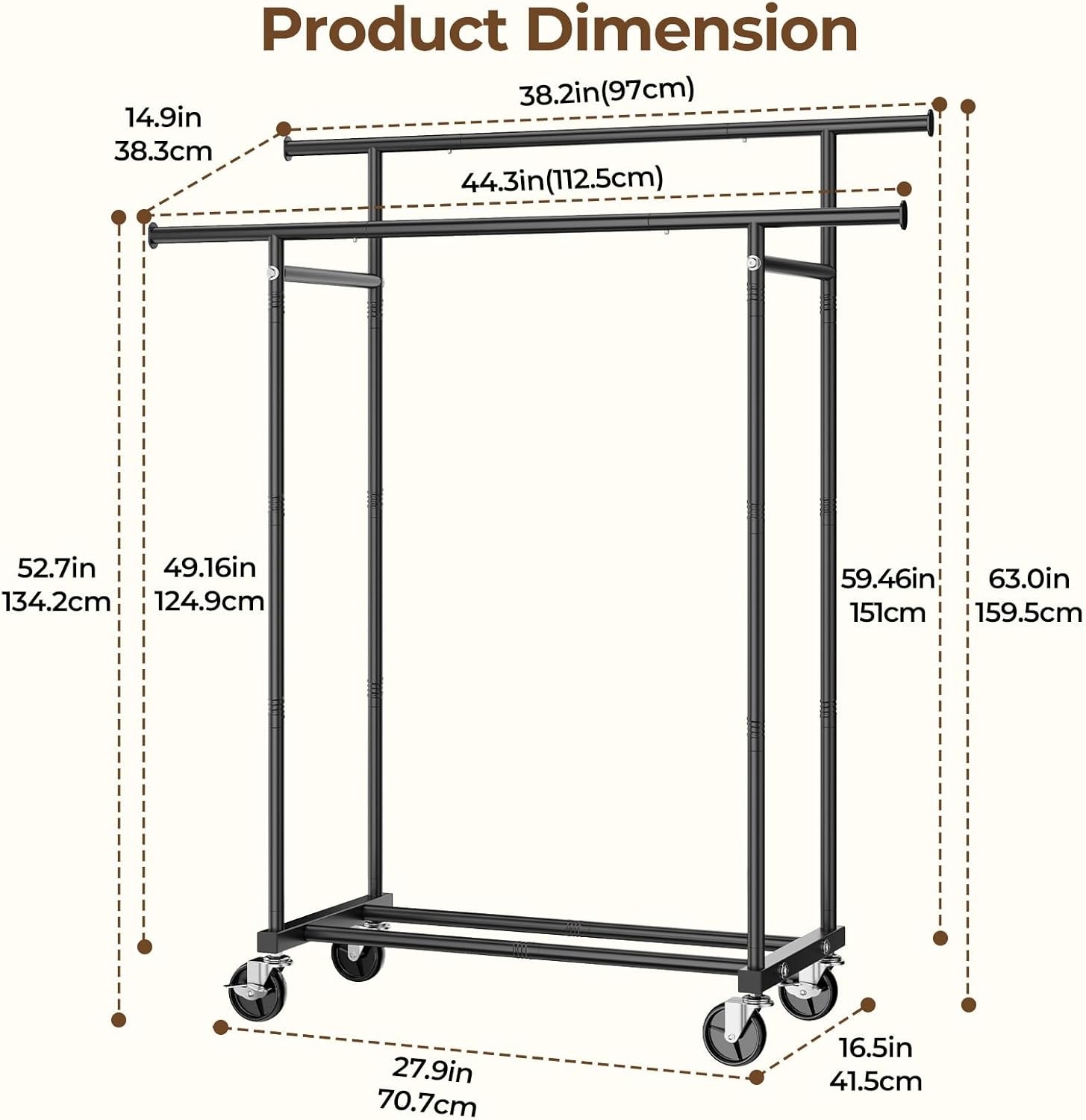 Thumbnail 6 de HYSEYY Double Rod Clothes Rail with Lockable Wheels – 160H x 113W x 42D cm, Black