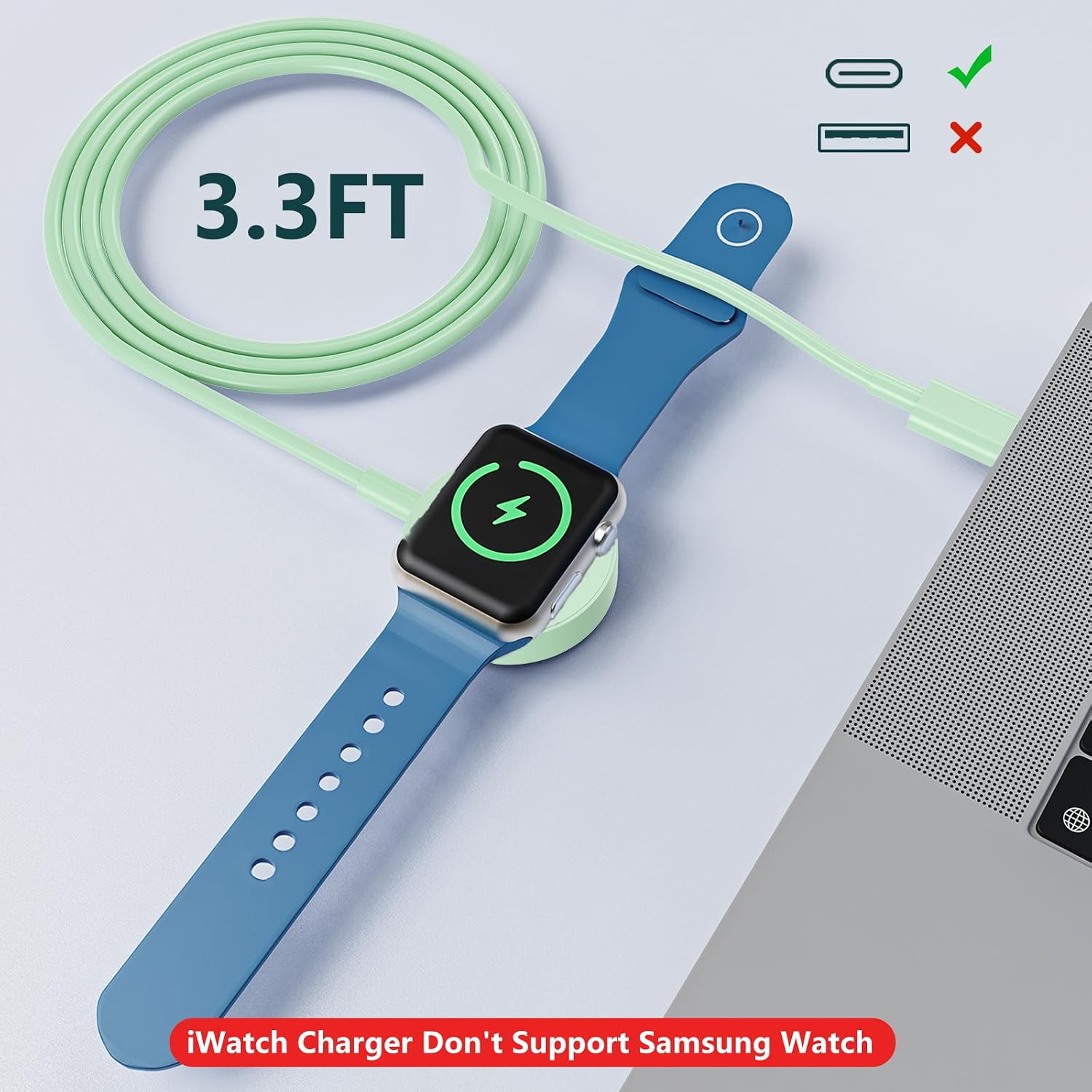 Detalle de Upgraded 2 Pack USB-C Magnetic Apple Watch Charger Cable (MFi Certified) – 1m, Green