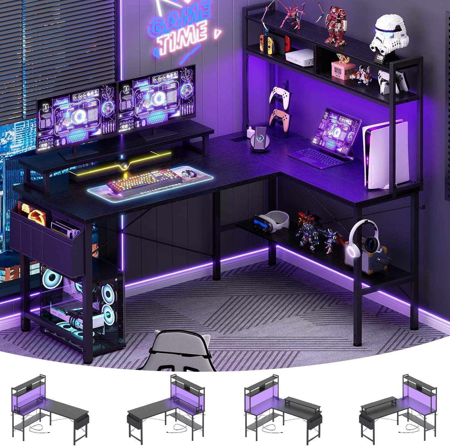 Thumbnail 6 de iSunirm L Shaped Gaming Desk with Power Outlets & LED Lights