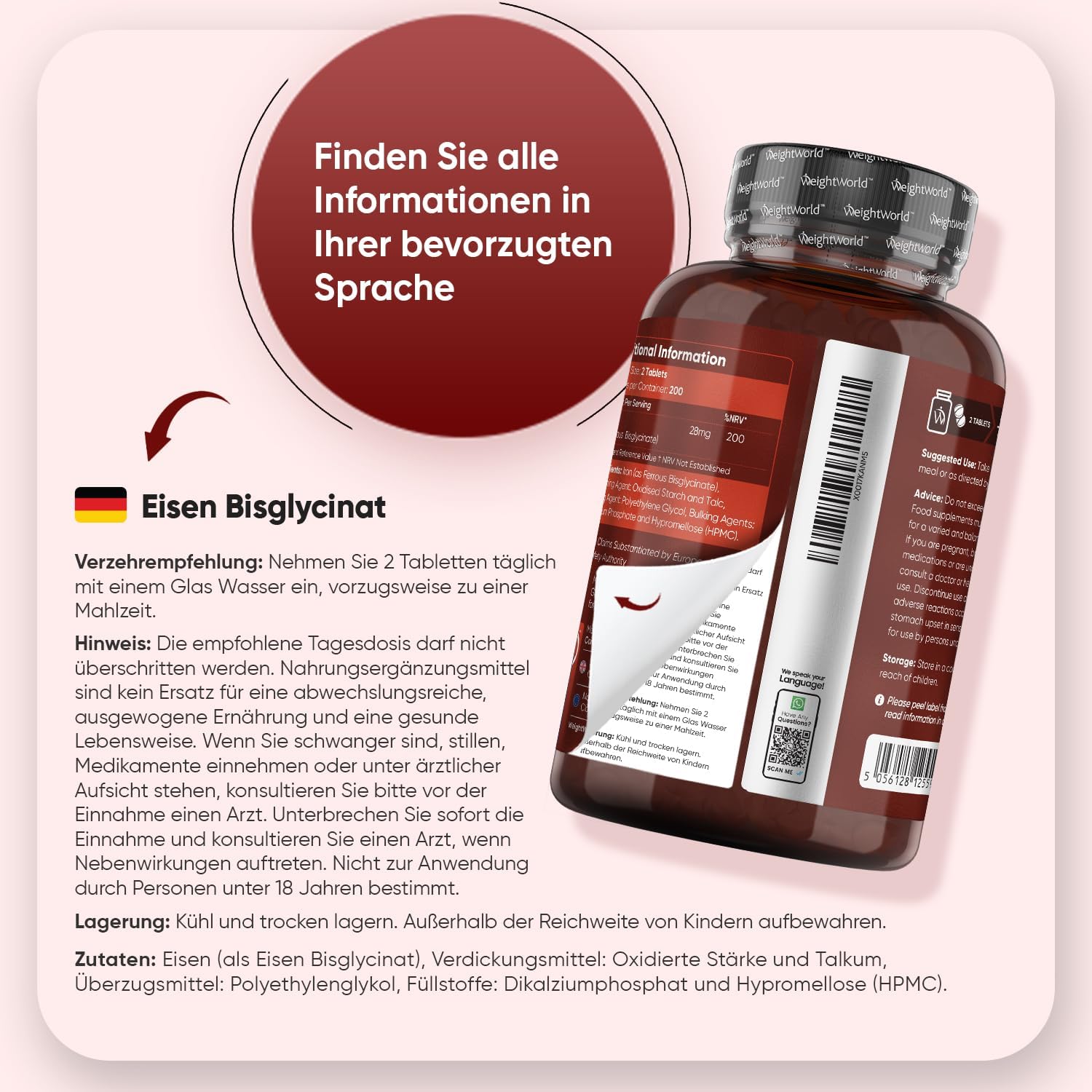 Thumbnail 3 de WeightWorld Eisentabletten – 400 vegane Tabletten mit Eisenbisglycinat, 28 mg Eisen pro Portion