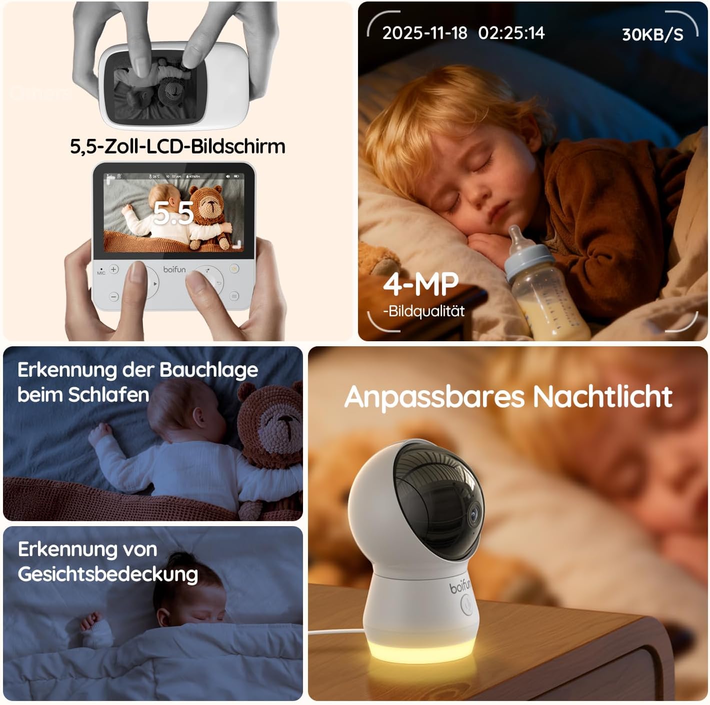 Thumbnail 1 de BOIFUN 5.5" Babyphone mit Kamera WLAN – 4MP Video, KI‑Bauchlage-Erkennung, Nachtlicht und Auto-Tracking