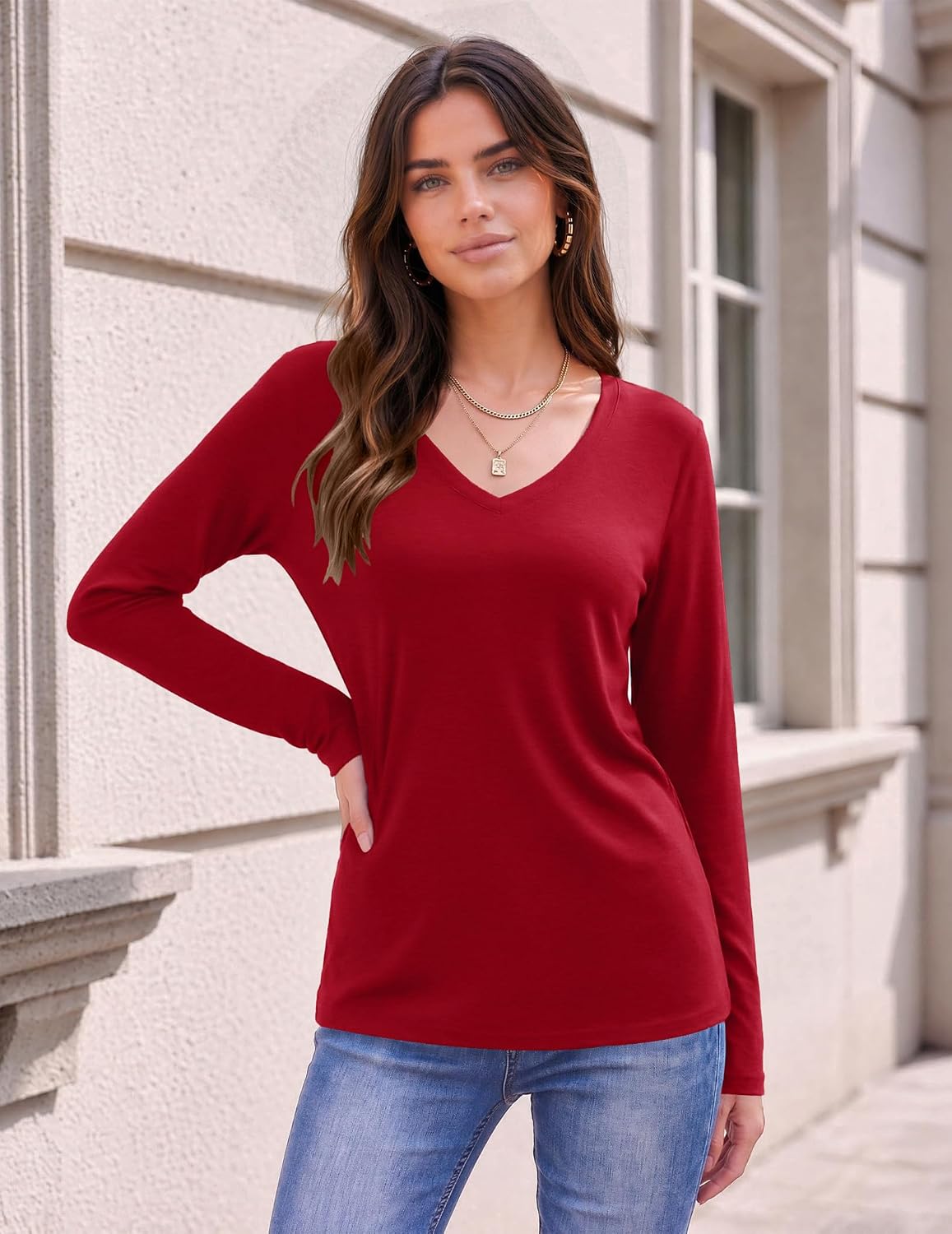 Detalle de Zeagoo Women's Long-Sleeve V-Neck Top, Breathable Fabric, Solid or Printed
